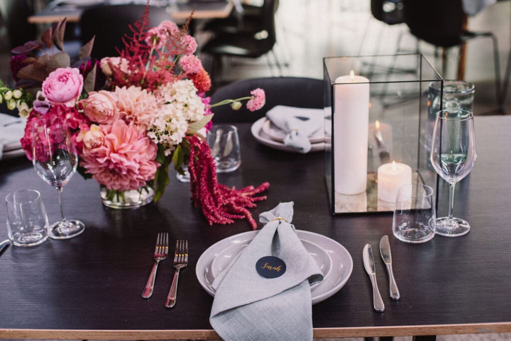 tables with flowers decorated for wedding