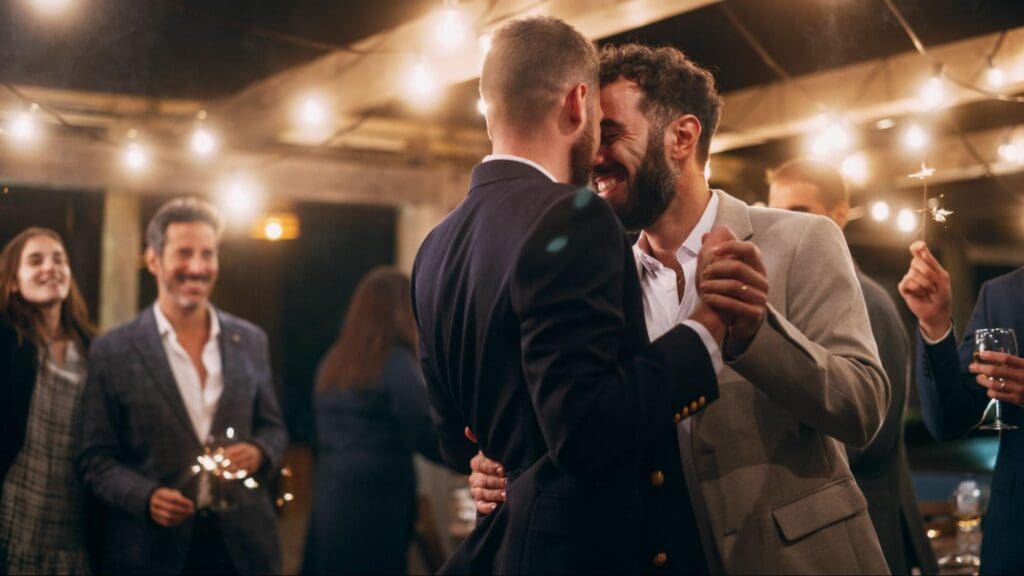 Two grooms dancing together at their wedding reception, surrounded by guests holding sparklers, with warm string lights in the background.