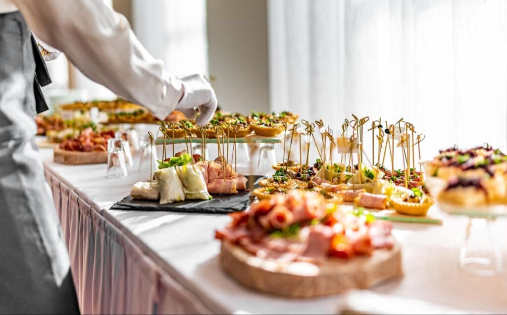 Event catering spread with a variety of appetizers